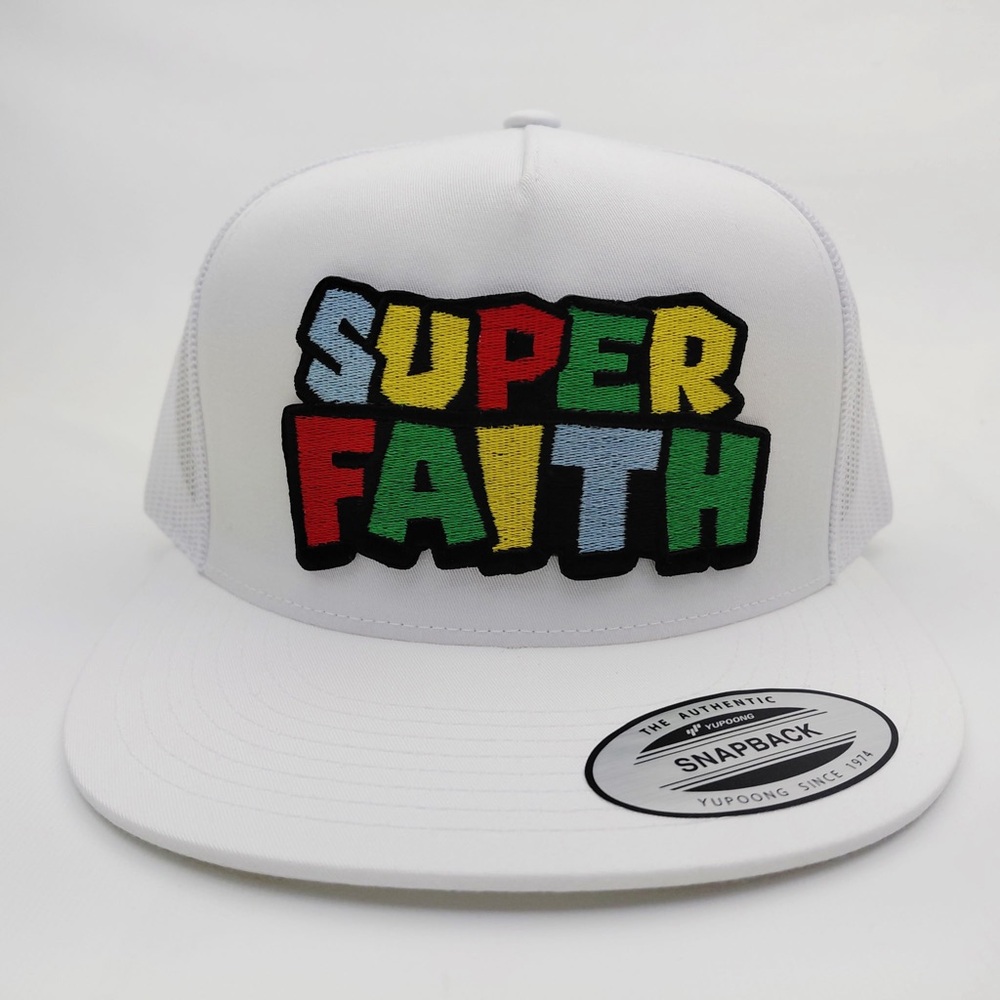 Super Faith Religious Christian Cap Hat Flatbill White Mesh Snapback